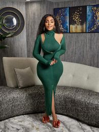 Casual Dresses Adogirl Knitted Ribe 2 Pcs Dress Women Turtlenck Vest Crop Top Deep V Neck Long Sleeve Stretchy Bodycon Maxi Suit