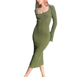 Casual Dresses Women Autumn Sheath Dress Long Sleeve Summer Stitching Square Neck Sleeves Knitted Tight Skirt For Ladies Green
