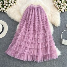 Skirts Summer Long Skirt Women A Line Sweet Cascading Ruffles Cake High Waist Fairy A-line Large Swing Skater