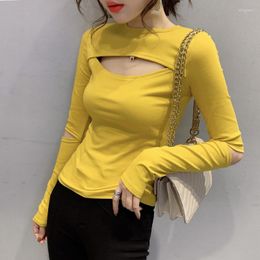 Women's T Shirts Yellow Pink 2023 Spring Autumn Sexy Hollow T-Shirts Woman Long-sleeved Tops Tees Tight-fitting Bottoming Shirt Women's