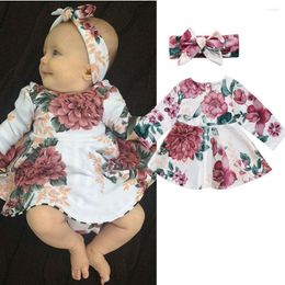 Girl Dresses 2023 Baby Fashion A-Line Floral Dress Headband 0-24M Born Infant Toddler Casual Long Sleeve O-Neck Outfits