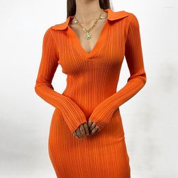 Casual Dresses Women Korean Fashion KV Neck Elastic Robe 2023 Autumn Sexy Nitted Dress Long Sleeve Bodycon Split Sweater Slim Pencil