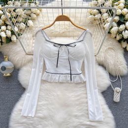 Women's Blouses Korean Fashion Patchwork Mesh Blouse Woman Square Collar Long Sleeve Butterfly Lace-up Women Blusas Crop Top Drop