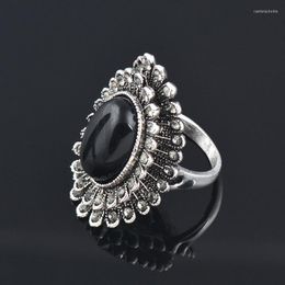 Wedding Rings LEEKER Vintage Black Oval Opal Big Flower For Women Antique Silver Colour Retro Ring Jewellery 176 LK8