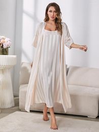 Women's Sleepwear Women's Pyjamas Robe Set Sexy Sling Dress Silk Like Homewear Luxury Strip Print Bathrobe 2pcs Suit Home Clothes Femme