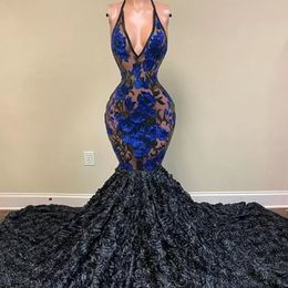 Sequin Black Girls Mermaid Prom Dresses Plus Size Deep V Neck Backless 3D Rose Flowers Evening Gowns 2022