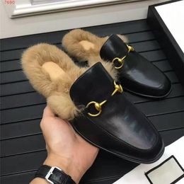 Slippers Designer Slippers Fur Princetown Mules Flats Women Loafers Genuine Leather Sandals Casual Shoes Metal Chain Shoe Men Lace Velvet Slipper High-end