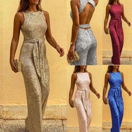 Women's Jumpsuits & Rompers Office Lady Sexy Sleeveless Sequin Romper Jumpsuit Women Backless Long Pants Club Glitter Playsuits Elegant Shin