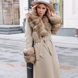 Women's Fur 2023 Winter Women Coats With Natural Collar Cashmere Wool Blends Long Loose Outerwear Ladies Streetwear Mujeres Abrigos
