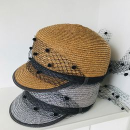 Stingy Brim Hats Natural Straw Sun Hat For Women Military Black Dot Veil Summer Beach Sboy Cap Outdoor Bonnets Frog Bucket Custom