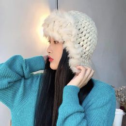 Beanies Beanie/Skull Caps Winter Warm Woollen Hat Female Hand-woven Dome Fur Knit Real Hair Korean Ear Cap