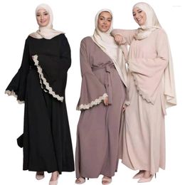 Ethnic Clothing Ramadan Eid Women Maxi Dress Double Layer Flare Long Sleeve Abaya Muslim Kaftan Belted Solid Colour Nida Robe Party Gown