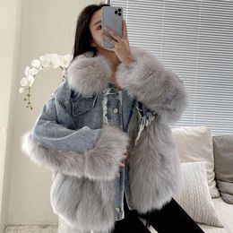 Women's Fur & Faux Women 2023 Autumn Winter Loose Denim Jacket Oversized Collar Jackets Female Vintage Casual Thick Warm Jean Coat B11