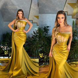Sexy Prom Dresses Mermaid Strapless One Shoulder Cape Satin with Pleats Shining Beaded Backless Court Gown Zipper Custom Made Evening Dress Plus Size