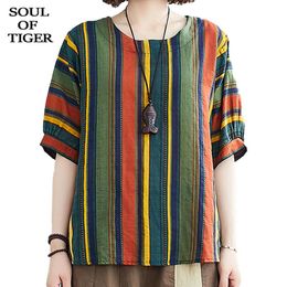 Women's Blouses & Shirts SOUL OF TIGER 2023 British Fashion Style Ladies Summer Casual Womens Striped Tops And Female Loose Clothing