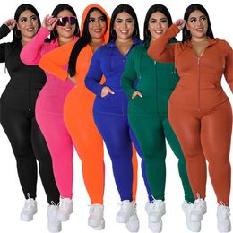 Plus Sizes XL-5XL Designer 2023 New Large Women Tracksuits Wear Solid Color Autumn Hoods Long Sleeved Pants Fashion Casual Suit Products