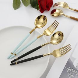 Dinnerware Sets 304 Stainless Steel Tableware Portuguese Spoon Fork Creative Mirror Polishing Black Gold Round Dessert