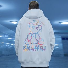 Men's Hoodies Sweatshirts High Street Graffiti Bear Print Fleece Hoodie Retro Autumn Casual Pullover Hooded Hip Hop Y2K Clothes 230109