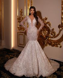 Luxury Mermaid Wedding Dresses Long Sleeves V Neck Sparkly Beaded Sequins Appliques Formal Dresses 3D Lace Trumpet Train Bridal Gowns Plus Size Vestido de novia