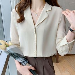 Women's Blouses 2023 Women Blouse And Top Beige Orange Chiffon Shirt Long Sleeve Suit Collar Button Up Drop Solid V-Neck Elegant 2206