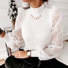 Women's Blouses Ribbed Mesh Shirts Women Turtleneck Puff Sleeve Knitwear Fashion Girls See Through Sequin Knit Tops Spring Shirt D35 &