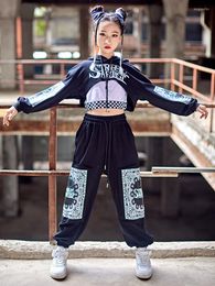 Stage Wear Kpop Kids Hip Hop Costume Black Hooded Crop Tops Pants Teenage Girls Clothing Jazz Performance Outfit Modern Streetwear BL9082