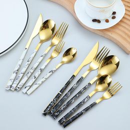 Dinnerware Sets 20pcs Gold Kitchen Cutlery Imitation Wooden Handle Stainless Steel Knife And Fork Dessert Spoon Table