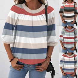 Women's Blouses & Shirts Fashion Striped Pleated Blouse Autumn Winter Loose O-Neck Tops Female Women 3/4 Sleeve Shirt Blusas Femininas Cloth