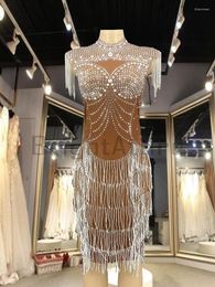 Stage Wear Shing Rhinestones Chain Fringes Transparent Short Dress Latin Birthday Celebrate Prom Wedding Party Elegant Dresses
