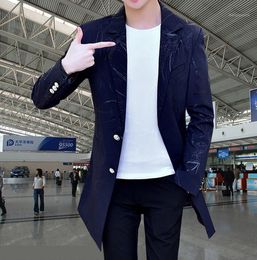 Men's Suits Spring Fashion Long Mens Korean Nightclubs Coats British Clothing Men Printing Suit Black White Plus Size M - 3XL & Blazers