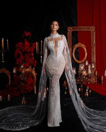 Luxury Mermaid Wedding Dresses Sleeveless Capes V Neck Halter Beaded Sequins Appliques Formal Dresses Pearls 3D Lace Hollow Bridal Gowns Plus Size Vestido de novia