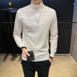 Men's Sweaters Autumn Winter Men Knitted Solid Casual Pullovers High Turn Down Collar Soft Slim Fit Knitwear Basic Tops White1