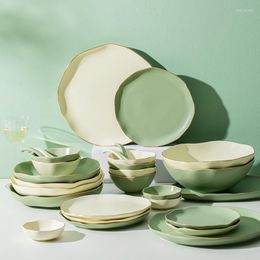 Plates Irregular Shape Matte Gilt Rim Green Or Beige Porcelain Dinner Plate Ceramic Tableware Dishes Rice Salad Noodles Bowl 1pcs