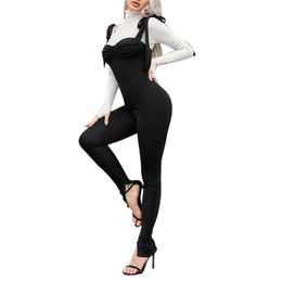 Women's Jumpsuits & Rompers Hirigin Women Sexy Sleeveless Tie Up Square Neck Bust Ruched Bodycon Playsuit One Piece Long Pants