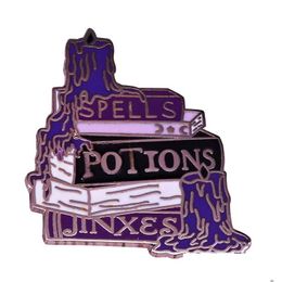 Pins Brooches Purple Spells Book Stack Pin Wizardry Potions Badge Black Flame Candle Brooch Witchcraft Jewellery Halloween Magic Litre Dhtlf