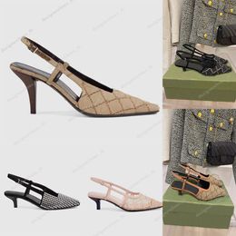 Designer-Hausschuhe, Slingback-Sandalen, Damen-Sandalen mit mittlerem Absatz, schwarzes Mesh mit glitzernden Kristallen, bedruckte Schuhe, Gummi-Leder, Sommer-Knöchelriemen-Hausschuhe