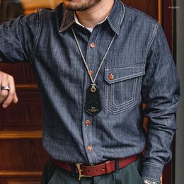 Men's Casual Shirts Maden Men Jeans Indigo Washed Solid Work Shirt Selvedge Denim Long Sleeve Jacket Vintage Tops Clothing