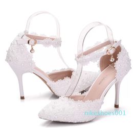 2023 dress shoes Thin High Heels Waterproof Female White Lace Crystal Wedding Shoes Pointed Toe Lace Flower Pearls Pumps
