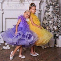 Girl Dresses Girl's Birthday Party One Shoulder Pleat Feather First Holy Communion Gowns Purple Yellow Flower Dress