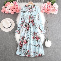 Casual Dresses 2023 Spring Fashion Floral Print Dress Long Sleeve Vintage Women Bow Tie Collar Beach Mid-calf Vestido