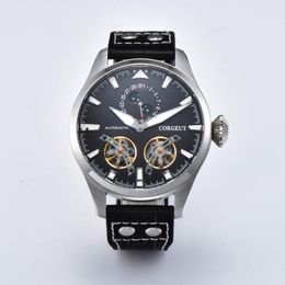 Wristwatches 46mm Automatic Men's Watch Moon Phase Date Indicator Black Skeleton Dial Leather Strap Lminous Flywheel