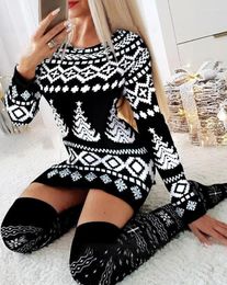 Casual Dresses Christmas Tree Snowflake Print Women's 2023 Autumn Long Sleeve Fashion Skinny O-Neck Mini Dress