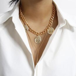 Pendant Necklaces Vintage Multilayer Thick Chain Round Coin Figure Necklace Women Creative Geometric Long Jewellery Kolye XR2761