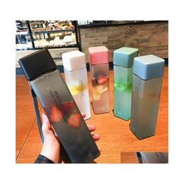 Water Bottles Transparent Square Plastic Matte Outdoor Cold Juice Waters Sports Cup Milk Cups With Portable Rope Drop Delivery Home Dhtpr