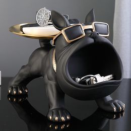 Objects Decorative Figurines Cool French Bulldog Butler Dcor with Tray Big Mouth Dog Statue Storage Box Animal Resin Sculputre Figurine Home Gift 230107