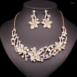 Necklace Earrings Set Shining White AB Rhinestone Flowers Gold Colour Plated Bridal Wedding Costume Jewellery For Women