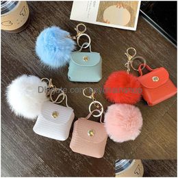 Key Rings Pompom Leather Bag Keychains Coin Purses Chains Holders Fashion Pu Pouches Pendant Keyrings Trinkets Cute Women Pom Ball C Dhh5I