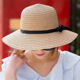 Wide Brim Hats Floppy Foldable Ladies Women Straw Beach Sun Summer Hat Beige