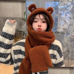 Beanie/Skull Caps Winter Cute Bear Hat Scarf Pocket Wholeness Womens Students Thick Earmuff Neck Warm Faux Fur Plush Drop Delivery F Dhtey