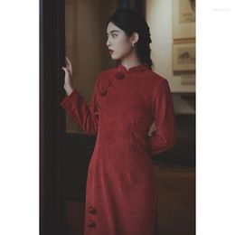 Ethnic Clothing Autumn And Winter Year Chinese Traditional Cheongsam Dress For Women Oriental Vintage Wine Red Dresses Bride Toast